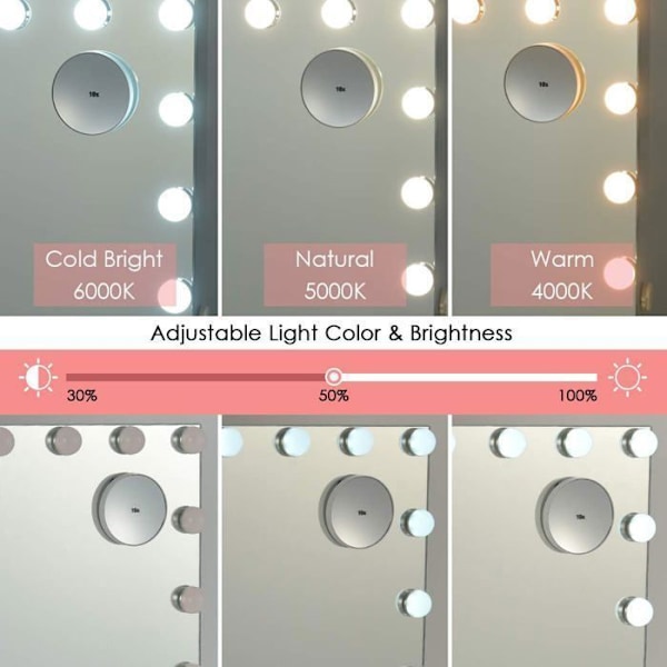 COSTWAY Hollywood Makeup Mirror - 15 lampor, 10x förstoringsglas, pekskärm, 3 dimningslägen, Smart Bluetooth, USB - 58x48CM