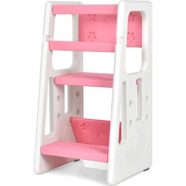 COSTWAY Toddler Learning Tower 3 säädettävää korkeutta ja liukumaton jalkatuki HDPE kaksinkertainen turvakiskot vaaleanpunainen Rosa