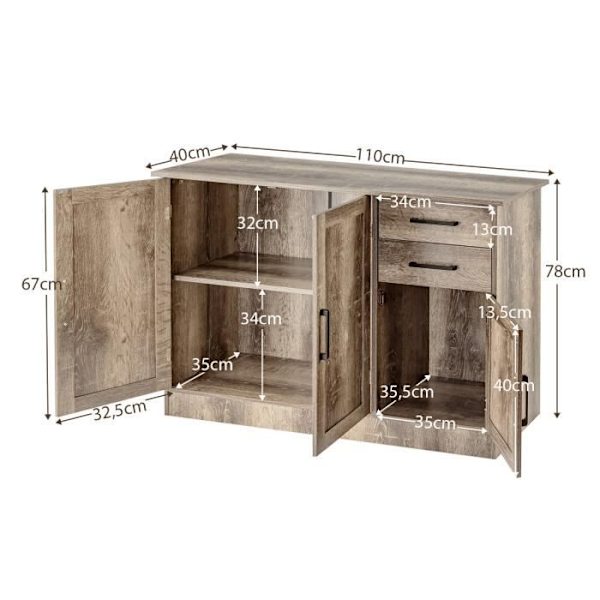 COSTWAY keittiön senkki - 3 ovea ja 2 laatikkoa - 110x40x78 CM - matala senkki - säädettävä hylly - olohuone, toimisto ja ruokasali