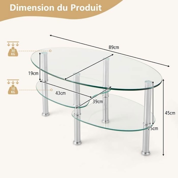COSTWAY Ovalt Soffbord i härdat glas med 3 nivåer, 89 x 51 x 45 CM, Modern soffbord med metallben, transparent Transparent