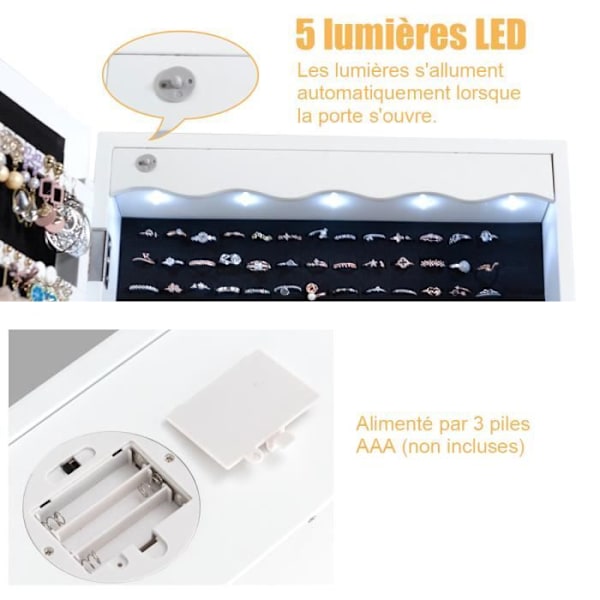 COSTWAY Väggmonterat smyckesskåp LED-smyckesförvaring med spegel, 6 lådor Justerbar krokhöjd 120x36,5x11,5cm Trä