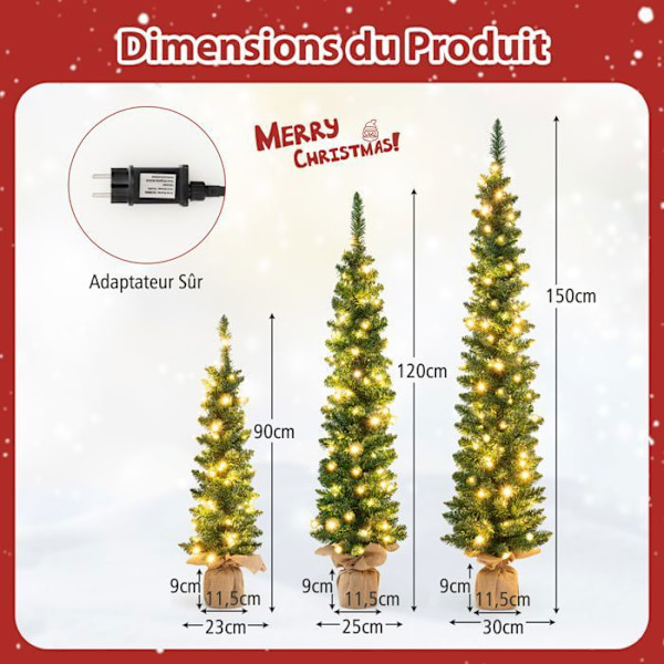 Set med 3 COSTWAY konstgjorda LED-julgranar - 90/120/150 cm - 230 varma vita lampor - 415 gröna grenar - Burlap Base