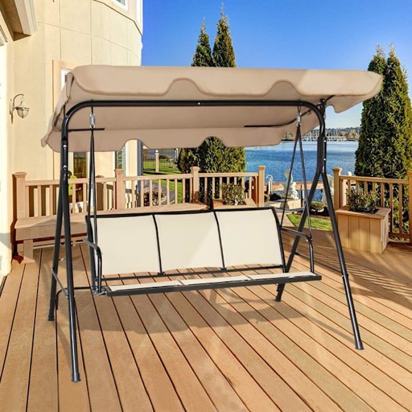 COSTWAY Havemøbel 3 Sæder i Polyester og Stål med Justerbart UV-Beskyttende Tag til Balkon, Terrasse 170 x 110 x 150CM
