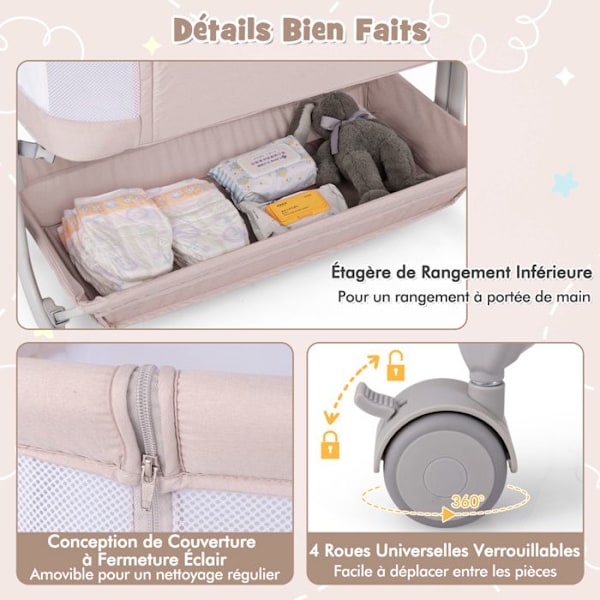 Baby-samsoveseng med 2,5 cm madras COSTWAY-Fra fødslen-9 kg-6 højder-4 hjul-foldbar bærbar-opbevaringshylde-beige
