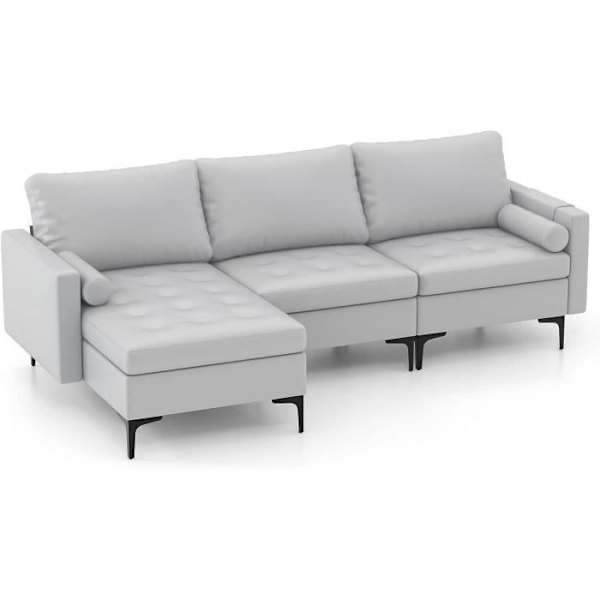 COSTWAY 3-4 sits hörnsoffa, luftläder med 2 USB-portar, vänster eller höger, 3 kuddar, 240 x 130 x 80 CM Grå Ljusgrått