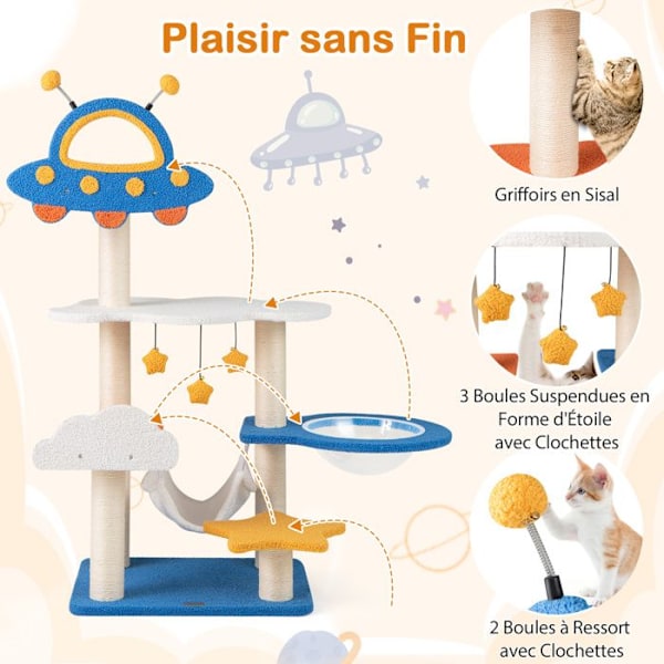 COSTWAY 124 cm Kattetræ på flere niveauer, rumtema, UFO-formet aborre, sisal-kradsestolper, platforme Blå + Vit + Gul + Orange