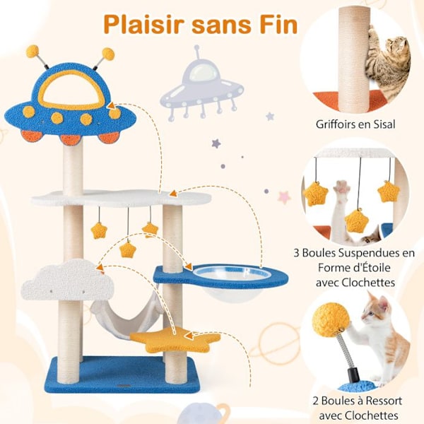 COSTWAY 124 cm monitasoinen kissapuu, avaruusteema, UFO-muotoinen ahven, sisal-raapimistolpat, alustat Blå + Vit + Gul + Orange