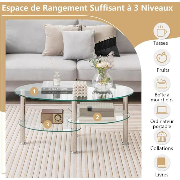 COSTWAY Ovalt Sofabord i Tempereret Glas med 3 Niveauer, 89 x 51 x 45 CM, Moderne Stuebord med Metalben, Transparent Transparent