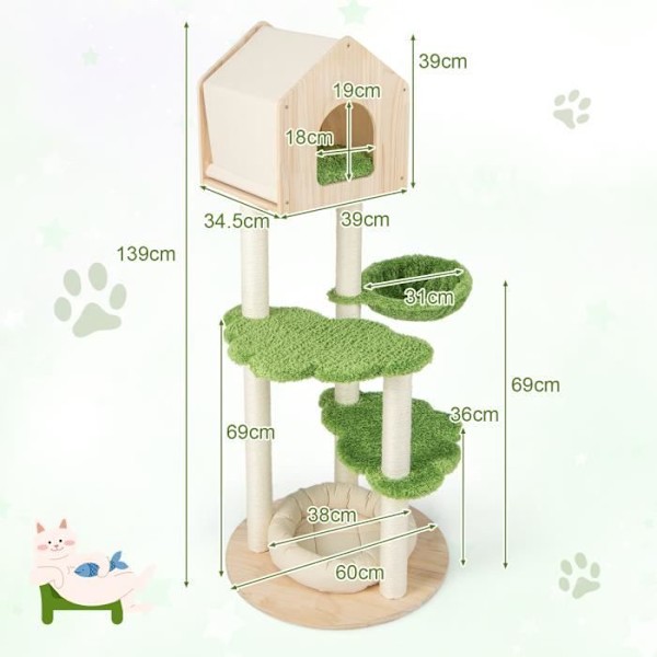 COSTWAY Cat Tree 139 CM Trä - Skrapstolpe, lägenhet, korg, kattsäng, 2 plattformar - Cat Play Tower