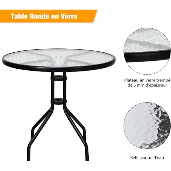 COSTWAY rundt havebord af hærdet glas 70 CM - Metalstel, Parasolhul, skridsikre fødder - Pool Balkon Gårdhave