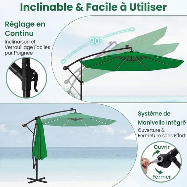 COSTWAY Parasol med 3M Udspring med 40 LED-lamper, Solpanel 6 Timer, Krydsbase, Sandpose, UV 20+ Polyesterstof