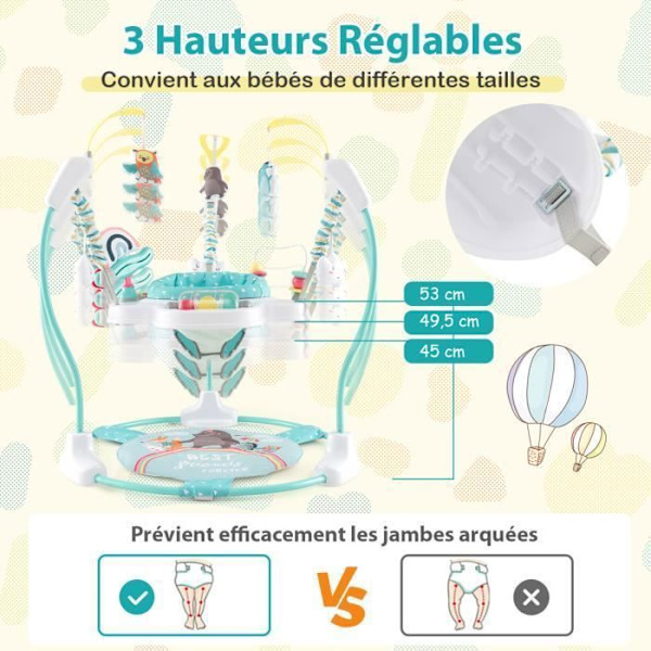 COSTWAY Jumperoo Musical Baby Walker-Justerbar höjd-Interaktiva leksaker-Musiklåda med lampor-360° säte-6+ månader-Grön Blå och vit