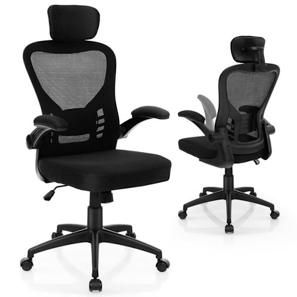 COSTWAY Mesh kontorstol, foldbare armlæn, sædehøjde 48-58 cm og justerbar nakkestøtte og lændestøtte
