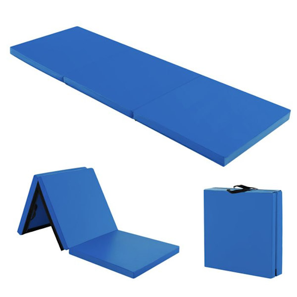 COSTWAY Foldbar Gymnastikmåtte-180 x 60 x 5cm-3 lag med håndtag-kroge- og løkkebefæstelser-Vandtæt PU EPE-fyldning-Mørkeblå Blå