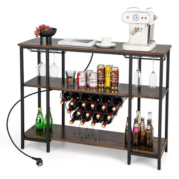 COSTWAY vinstativ til 15 flasker - integreret ladestation, glasholder - industriel flaskeholder - brun