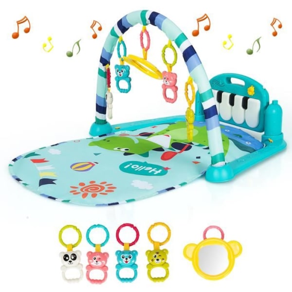 Musikalisk aktivitetsmatta för baby - COSTWAY - Blå - 4 leksaker - Spegel - Fylld med bomull