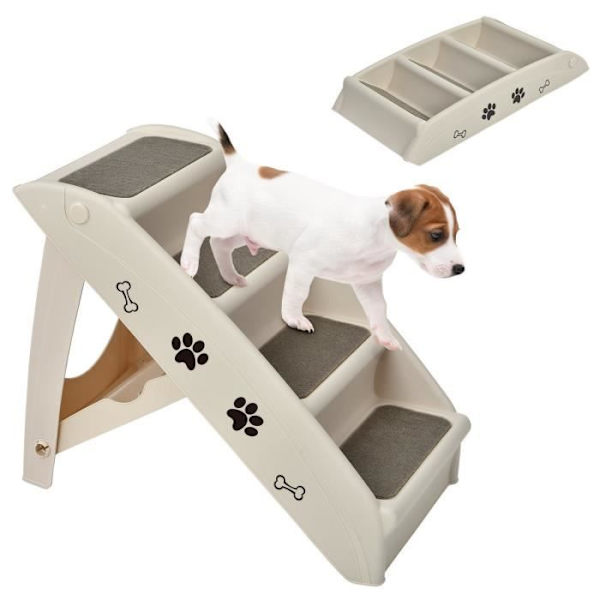 COSTWAY Vikbar hund-/katttrappa 4 plaststeg Last 60 kg 62,5x38x49 CM Mjuk filt och halkskydd Beige