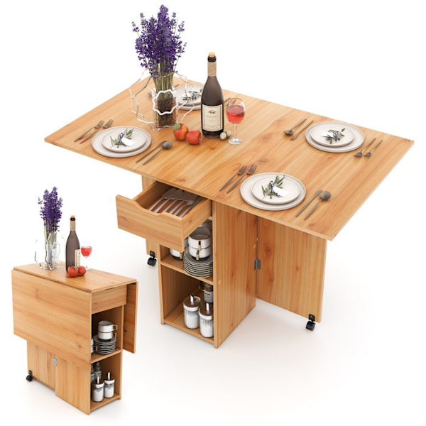 Taitettava COSTWAY-sivupöytä 2 pyörällä, pudotettava lehtikonsoli, säilytysteline, 2-kerroksiset laatikot, 120x72x75cm Natural Naturvit