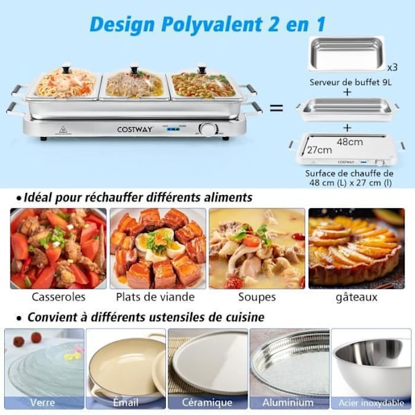 COSTWAY 2 i 1 elektrisk matvärmare-450 W-Rostfritt stål-Justerbar temperatur 50-150°C-3 brickor 3 x 3L-halkfria fötter Pengar