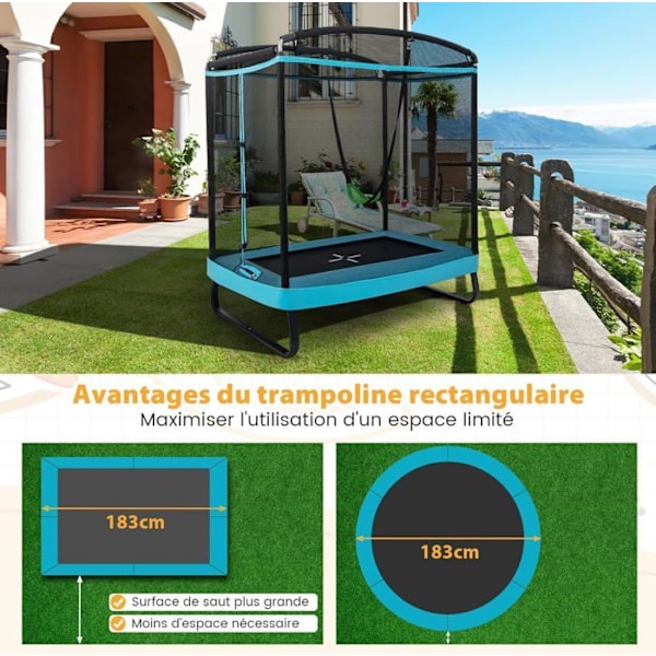 COSTWAY Trampolin til børn Rektangulær 190x122cm 3 i 1 med gynge, vandret stang-40 galvaniserede fjedre 100 kg-blå svart och blått