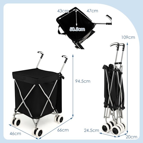 Foldbar Indkøbsvogn COSTWAY-90 L-Bremsesystem og 360° Styring-Oxford Taske-Vandafvisende-Stålramme-Kapacitet på 54 kg-Sort Svart