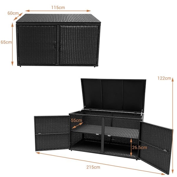COSTWAY Udendørs Rattan Opbevaringskasse 335L, 115 x 60 x 65 CM med Sort Stålramme kastanj