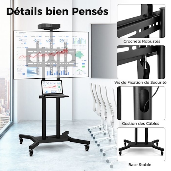COSTWAY mobiili-TV-teline litteille ja kaareville televisioille 32" - 70", säädettävä TV-kärry pyörillä, 600 x 400 mm, 50 kg