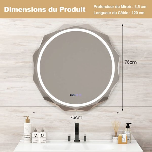 COSTWAY 76 x 76 cm Badeværelsesspejl, 3 farver, Hukommelsesfunktion, Touch Switch, Anti-dug funktion, White Edge