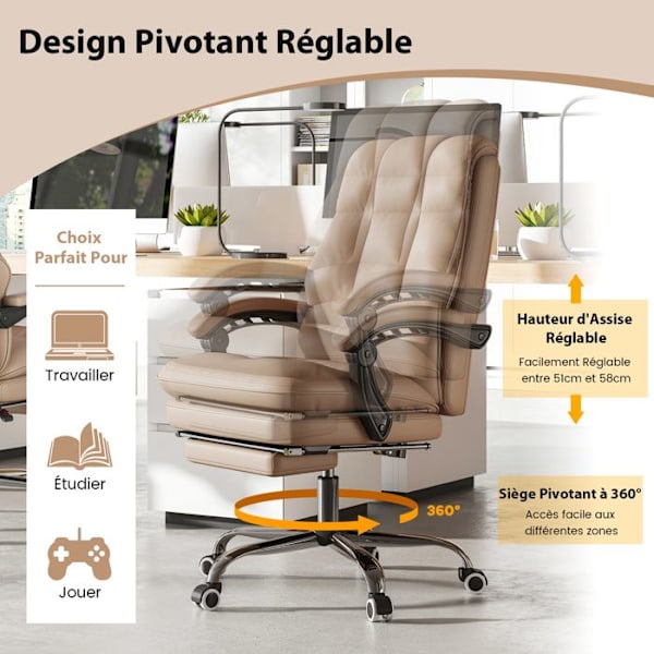 Ergonomisk Kontorsstol - COSTWAY - Justerbar Sits 51-58 cm - Lutad Ryggstöd - Fällbara Armstöd Brun
