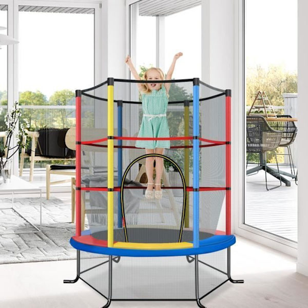 COSTWAY Trampoline til børn med sikkerhedsnet Ø165×1,91H CM-med lynlåse-dækkende fjedre-6 polstrede stolper-maximum belastning 45 kg-farverig