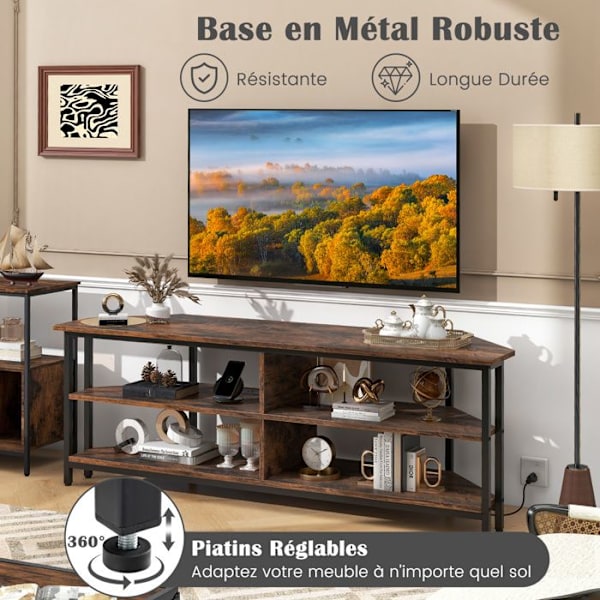 COSTWAY Hjørne TV-stativ-140 x 39 x 48 cm-Ladestation-65 tommer TV-4 Åbne rum-Metalramme-Rustik Brun