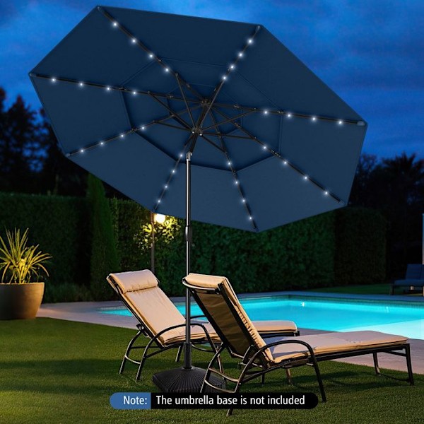 COSTWAY Haveparasol på 313 cm - 32 LED-lys - 35° Justerbar Længe - Ventileret Tag i 3 Niveauer - Kurbøjet til Terrasse Blå