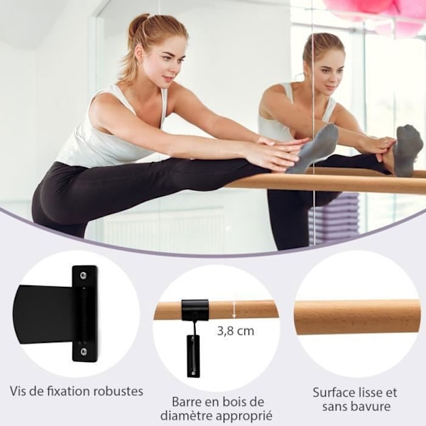 COSTWAY Vægmonteret dansestang 120 cm Fast højde Ø 38 mm i bøgetræ til yoga, stretching, træning, sort og natur