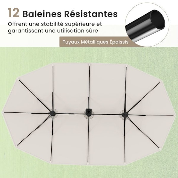 COSTWAY Dubbel XXL Parasol 464x286x198cm - Bas ingår 2 Sandsäckar - UV-skydd 12 Ribbor - Rektangulär Vevarm Beige