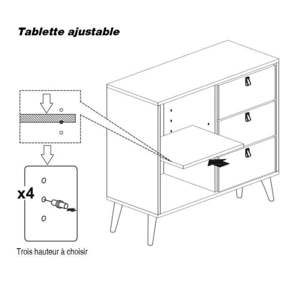 Soveværelses kommode med 3 skuffer og 1 dør inklusive højde på 2 skandinaviske justerbare hylder til stueindgang 80 x 39,5 x 80,4 cm Naturlig