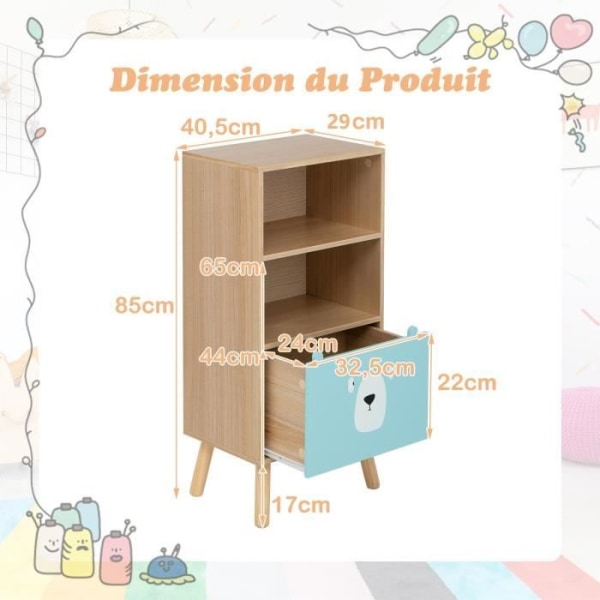 COSTWAY Träbokhylla för barn med låda, 3-vånings leksaksförvaringshylla, 40,5 x 29 x 85 cm