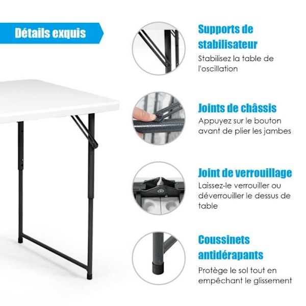 COSTWAY Fällbart campingbord 122 x 61CM 3 Justerbara höjder Last 150KG i plast och stål för fest/camping/picknick Vit