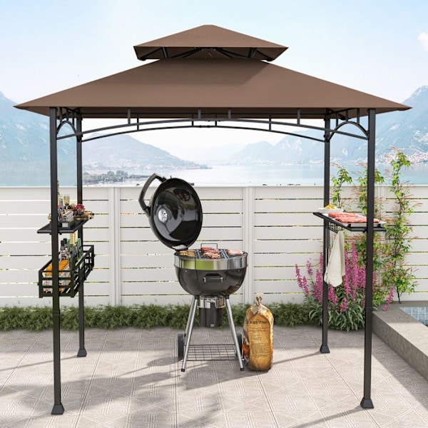Grilli-Teltta 242x153cm COSTWAY-Kaksi tasoa-2 Sivuhyllyä-Säilytyskori-Ripustuskoukut-Pullonavaaja Ruskea