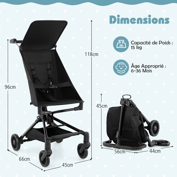 COSTWAY Bärbar Ultralätt Barnvagn på 5,8 kg för Resor med Justerbart Soltak, Underrede och EVA-hjul Grå