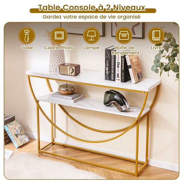 COSTWAY Konsolbord med Marmor-effekt i 2 Nivåer - Modern Skandinavisk Stil i Guld Metallram 120 x 30 x 80,5 cm (L x B x H)