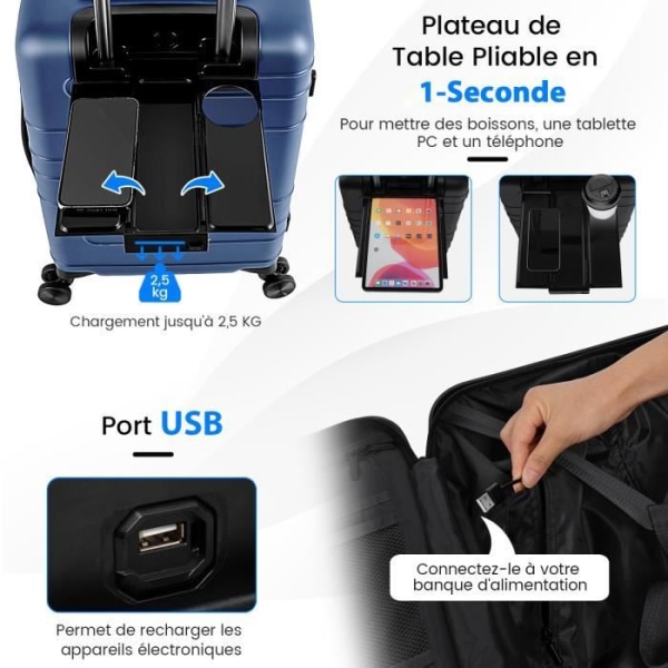 COSTWAY 20-tums handbagage på hjul med TSA-lås, med hopfällbart stativ, USB-laddning, flygresor, blå