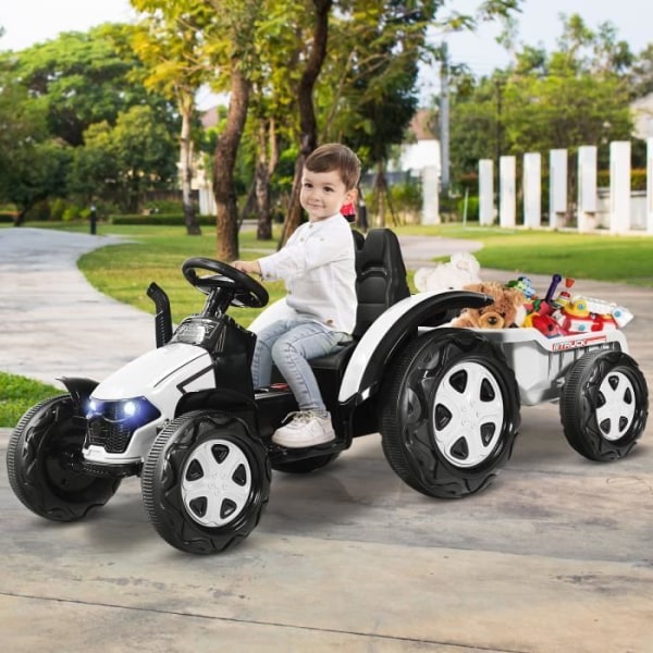 COSTWAY 12V 7AH elektrisk traktor - 2,4G fjärrkontroll, 3-8 km/h, MP3-avtagbar släpvagn, USB-port för barn 3-8 år Vit