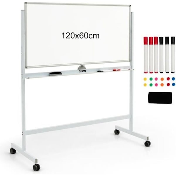 COSTWAY Magnetisk Whiteboard 120x60cm Dobbeltsidet Vendbar 360° Mobil 2 Højde Tørsletning 12 Magneter 6 Markører Hvid