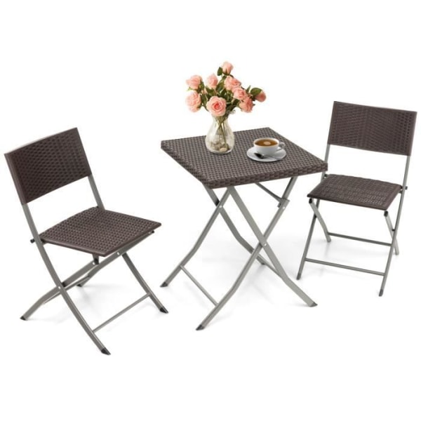 COSTWAY 3-delad polyrotting trädgårdsbord och stolar hopfällbart fyrkantigt bord för bistro, gård, blacon, swimmingpool brun