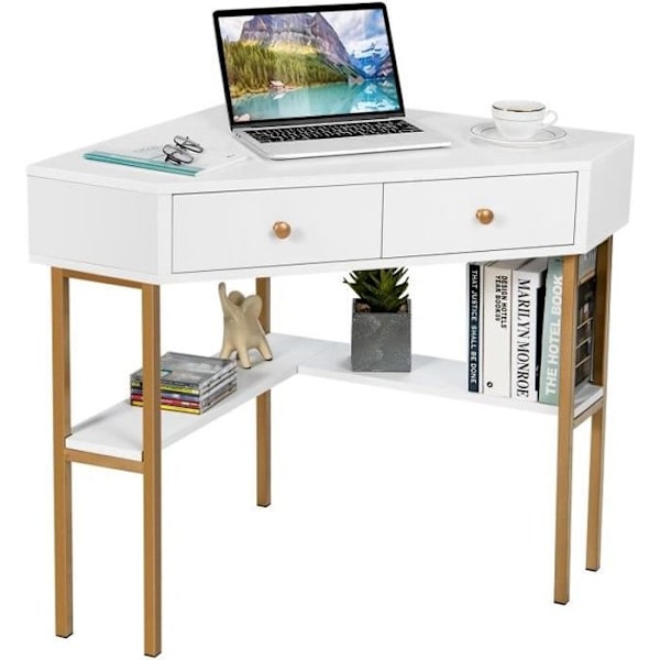 COSTWAY Hjørnebord - 2 skuffer og 1 hylde - L 70,5 x D 70,5 x H 75 CM - Modern Scandinavian - Hvidt computerbord Vit