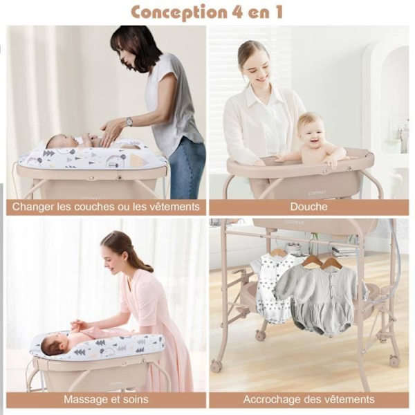 COSTWAY puslebord med 20 l badekar 4 i 1 folde 4 hjul, 1 m slange, beige vandtæt PVC pude opbevaringsbakke Beige, vit och grå
