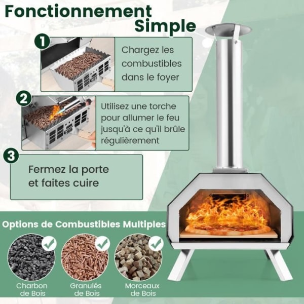 COSTWAY Utomhuspizzaugn Pizzasten 30,5 cm Separat härd, Brandsäker spade, hopfällbara ben, löstagbar skorsten, termometer