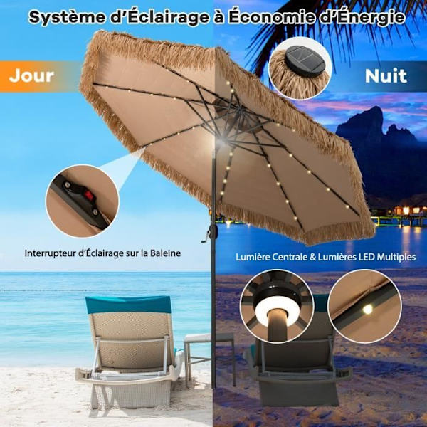 COSTWAY Beach Paraply 305 cm lutande sugrör PE-32 LED och centralljus, 8 valar Manuell vev Hawaiian Style Naturlig
