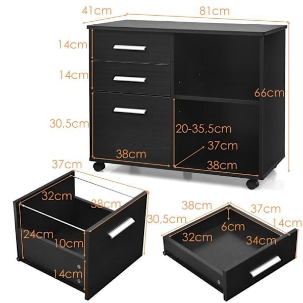 COSTWAY Kontorvogn med Hjul, 3 Skuffer og 2 Åbne Hylder, Printerstativ til Kontor, 81 x 41 x 66 cm, Sort