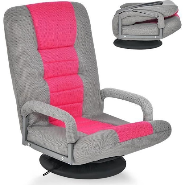 COSTWAY Foldseng - Justerbar ryg i 6 positioner - 360° drejelig base Metalramme Max belastning 150 KG, Rosa rosa och grå